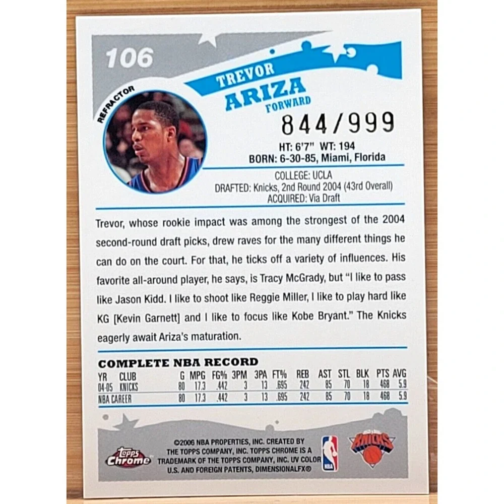 2005-06 TOPPS CHROME TREVOR ARIZA REFRACTOR #D/999‎ KNICKS